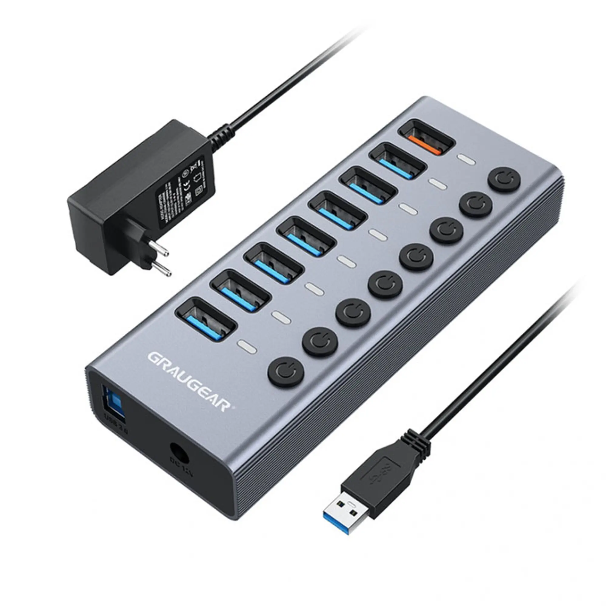 Graugear G-HUB71-A Hub USB 3.0 7 Porte + 1 Porta di Ricarica - Alluminio Argento con Alimentatore 12V/4A