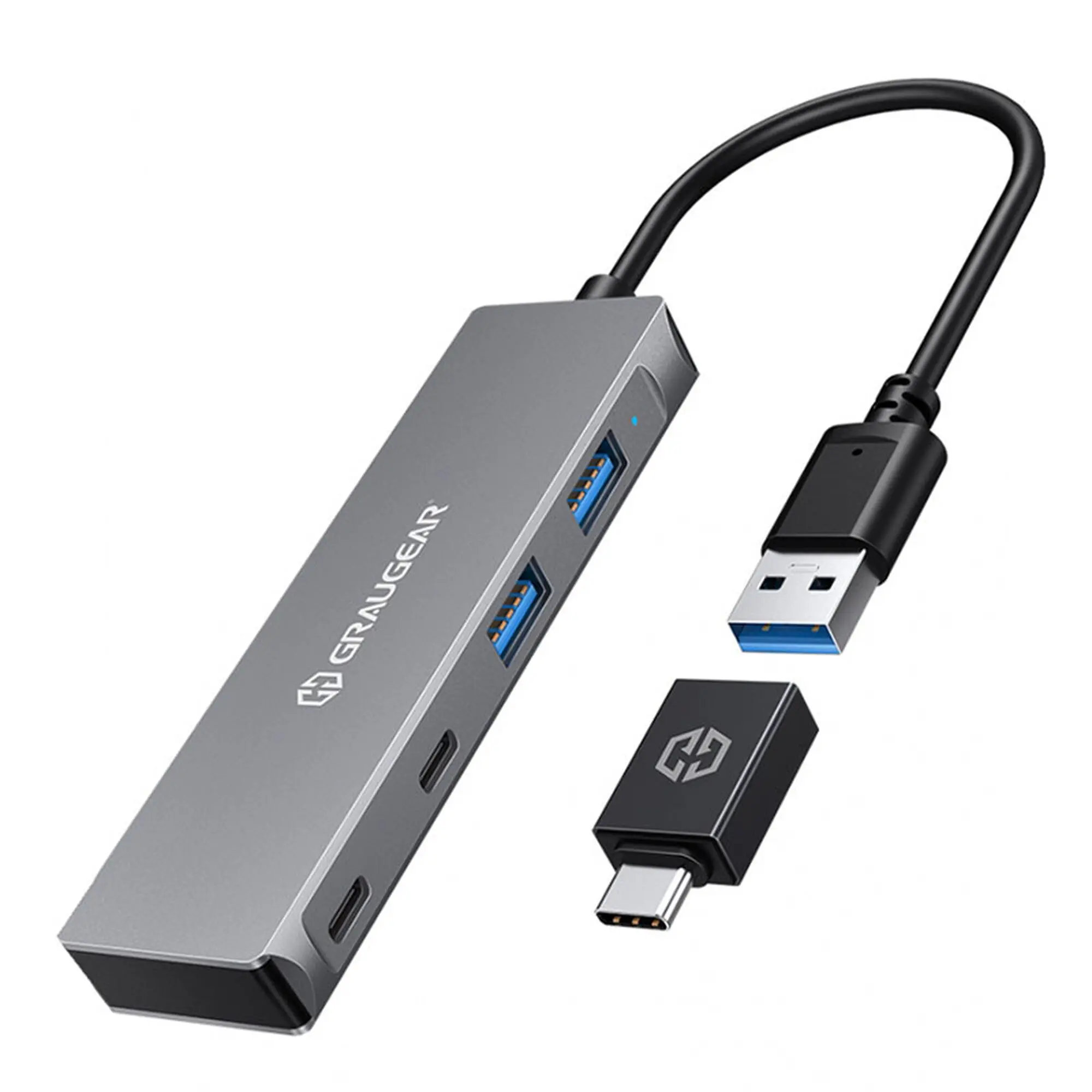 Graugear Hub USB 3.0 a 4 porte - 2x USB-A, 2x USB-C, 5 Gb/s, corpo in Alluminio con Adattatore USB-C