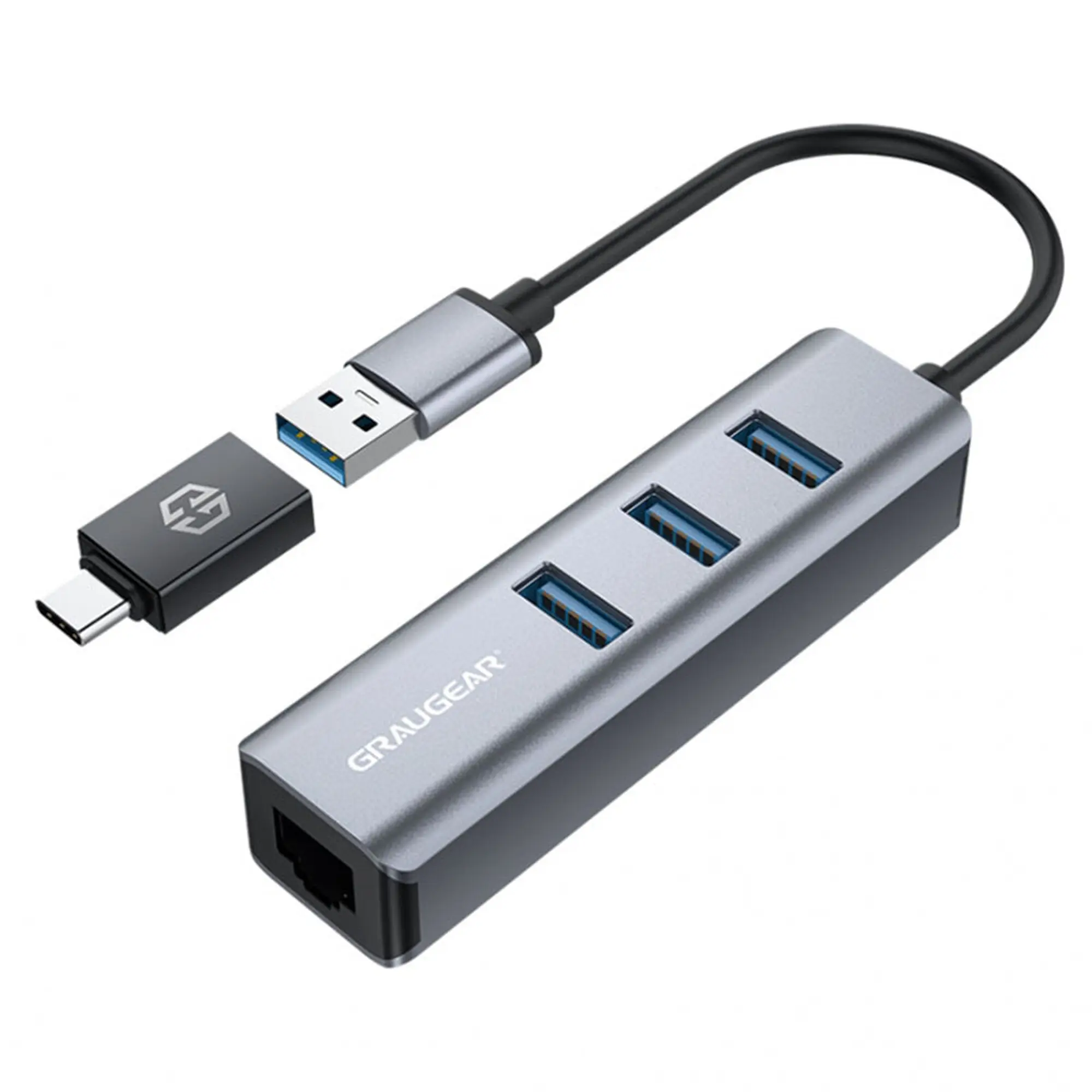 Graugear USB Hub 3x USB 3.0 Type-A + LAN Gigabit, adattatore USB-C incluso - Silver
