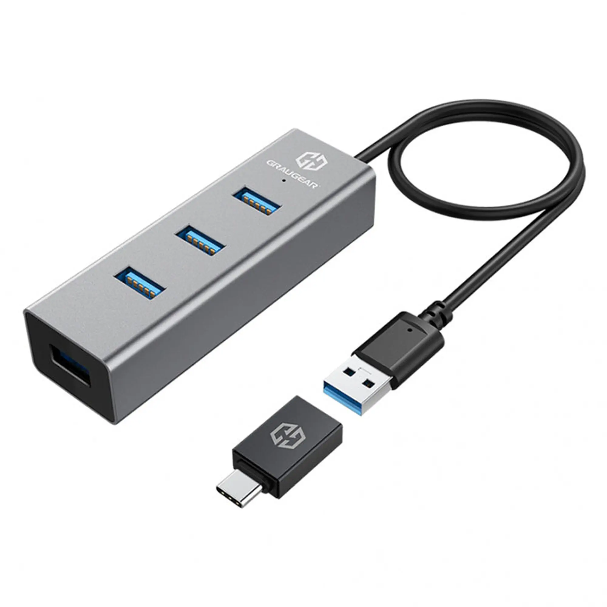 Graugear Hub USB 3.0 4 Porte USB-A 5 Gb/s - Alluminio con Adattatore USB-C