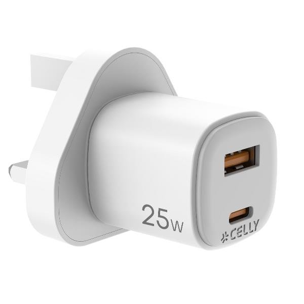 CELLY UP CARICABATTERIE DA RETE GaN CON SPINA INGLESE 25 W 1 x USB-A 1 x USB-C BIANCO