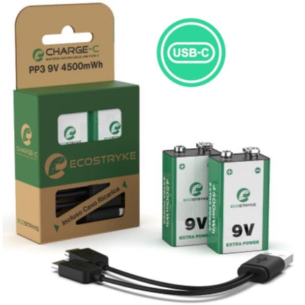 ECOSTRIKE BATTERIE RICARICABILI AL LITIO TRANSISTOR 9V 500 mAh RICARICA TRAMITE PORTA USB-C DIRETTAMENTE SULLA BATTERIA CONF 2 Pz.