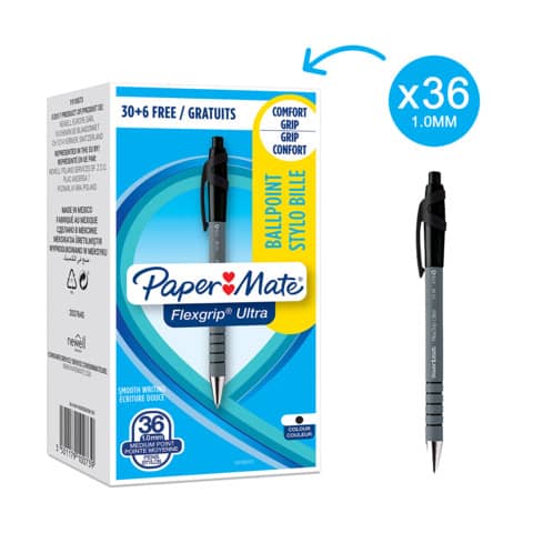 Penna a sfera a scatto Flexgrip Ultra - punta 1,0mm - nero - Papermate - conf. 30+6 pezzi