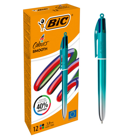 Penna sfera a scatto multifunzione 4 Colours Smooth - 1.0 mm - fusto verde acqua - Bic - conf. 12 pezzi