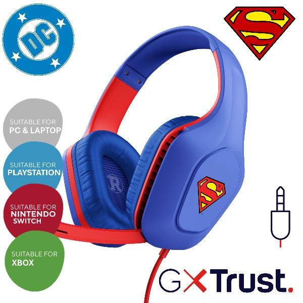 TRUST GXT416SM ZIROX SUPERMAN CUFFIE GAMING OVER-EAR CON MICROFONO DRIVER 50mm JACK 3.5mm CAVO 1.2 MT BLU