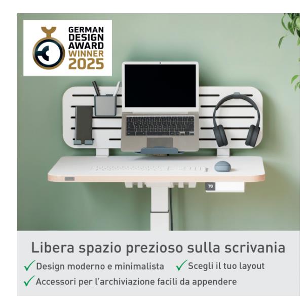 Pannello forato con accessori supporto PC/smartphone, portapenne e gancio 80x25 cm Leitz Ergo grigio chiaro