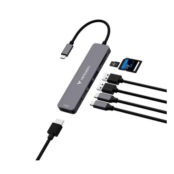 VERBATIM HUB 7 PORTE 7 IN 1 PD 100 W 2x USB 3.2 Gen 1 SuperSpeed (5 Gbps) Type-A + 2x Type-C GRIGIO
