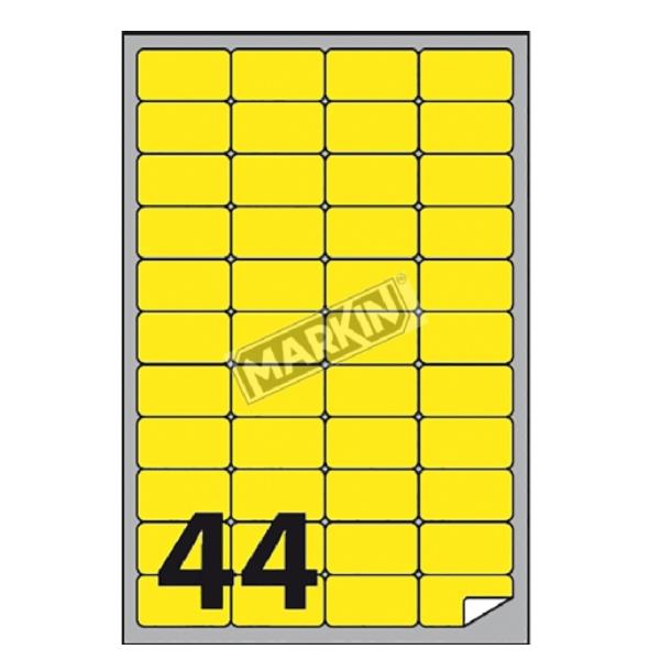 Etichette adesive A/406 - in carta - permanenti - 47,5 x 25,5 mm - 44 et/fg - 100 fogli - giallo fluo - angoli tondi - Markin