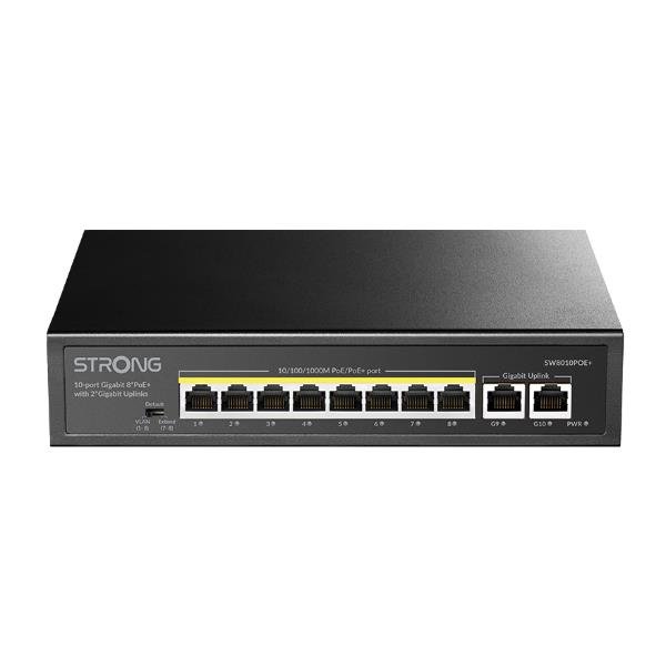 STRONG SW8010POEP SWITCH NON GESTITO 10 PORTE 8 PORTE GIGABIT PoE + MAX 100 W + 2 PORTE UPLINK IN METALLO DESKTOP
