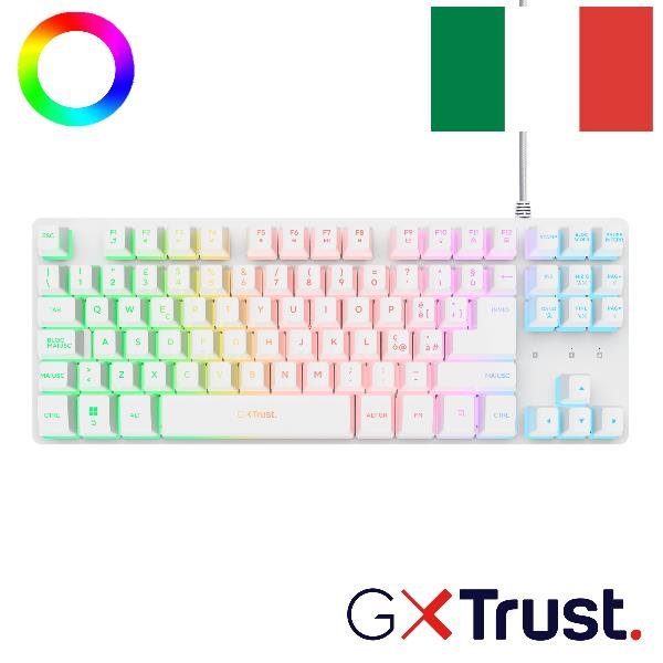Trust GXT 833W Thado, Tenkeyless (80 - 87%), Cablato, USB, Interruttore a chiave a membrana, Bianco