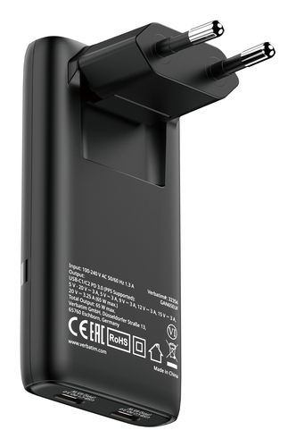 VERBATIM CARICABATTERIE DA RETE GaN 65 W 2 x USB-C 1 x USB-A NERO