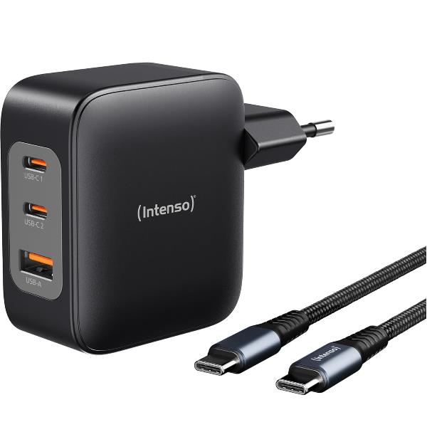 INTENSO POWER ADAPTER CARICABATTERIE DA RETE GaN 100W 1 x USB-A 2 x USB-C + CAVO USB-C INTRECCIATO NERO