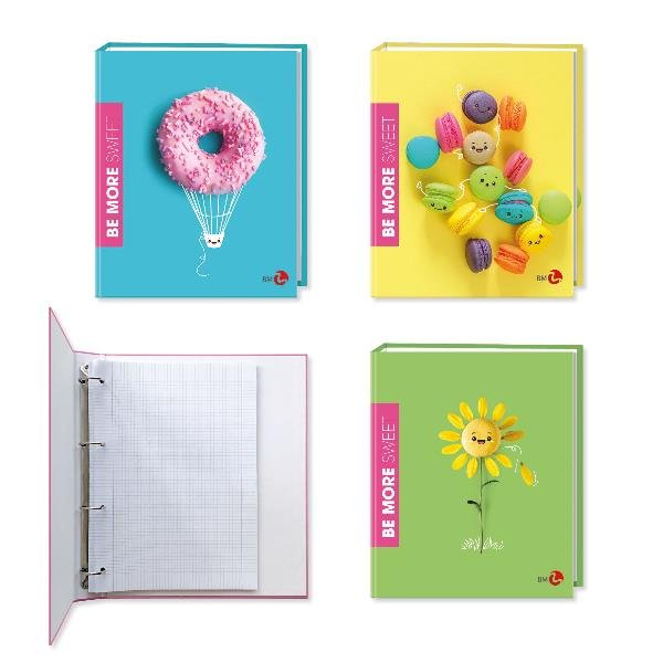 BE MORE SWEET RACCOGLITORE A 4 ANELLI DA 30 mm IN CARTOCINO PLASTIFICATO 270X320 mm FANTASIE ASSORTITE CONF 5 Pz.