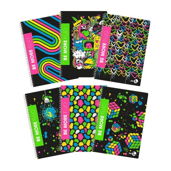 BE MORE MAXI SPIRALATO FLUO QUADERNO 80GR 210X297 mm A4 60 FOGLI A RIGHE 1R FANTASIE ASSORTITE CONF 5 Pz.
