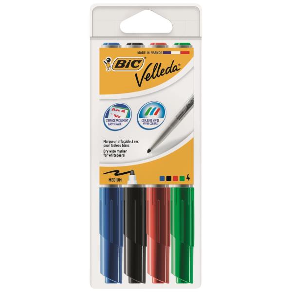 Pennarello Whiteboard Marker Velleda 1741 - punta tonda 1,4 mm - colori assortiti - Bic - astuccio 4 pezzi