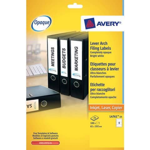 Etichette adesive L4761 - in carta - angoli arrotondati - permanenti - 192 x 61 mm - 4 et/fg - 25 fogli - bianco coprente - Avery