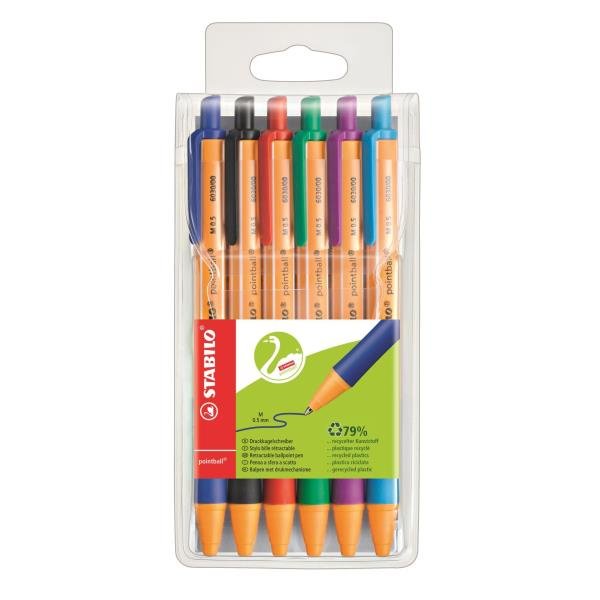 STABILO pointball - Penna a sfera - nero, rosso, blu, verde, turchese, lilla - 0.5 mm - medio - retrattile (pacchetto di 6)