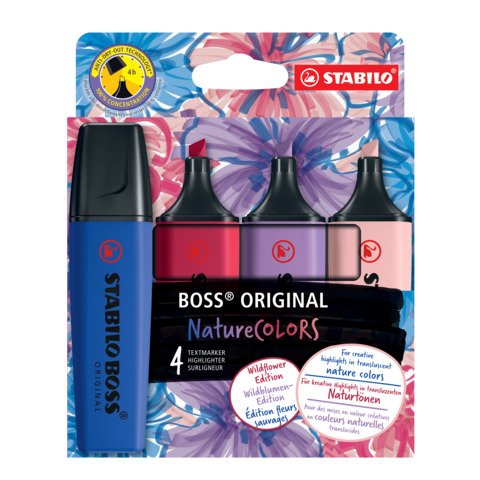 STABILO BOSS WILDFLOWER EVIDENZIATORE PUNTA A SCALPELLO 2/5 mm COLORI ASSORTITI CONF 4 Pz.