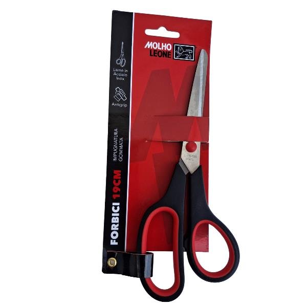 MOLHO LEONE FORBICE 19 CM LAMA INACCIAIO DA 102 mm PUNTA TONDA MANICO GOMMATO ASIMMETRICO NERO ROSSO