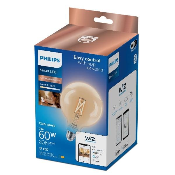 Philips Smart - Lampadina con filamento LED - forma: G125 - trasparente finitura - E27 - 7 W (equivalente 60 W) - classe E - bianco regolabile da caldo a freddo - 2700-6500 K