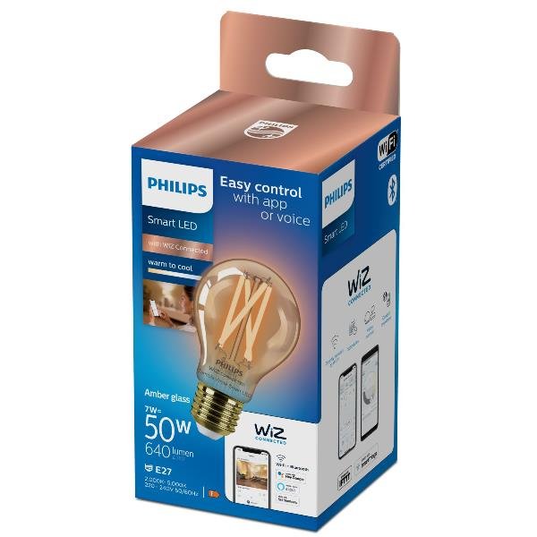 Philips Smart - Lampadina con filamento LED - forma: A60 - E27 - 7 W (equivalente 50 W) - classe F - luce bianca/ambra regolabile - 2700-5000 K