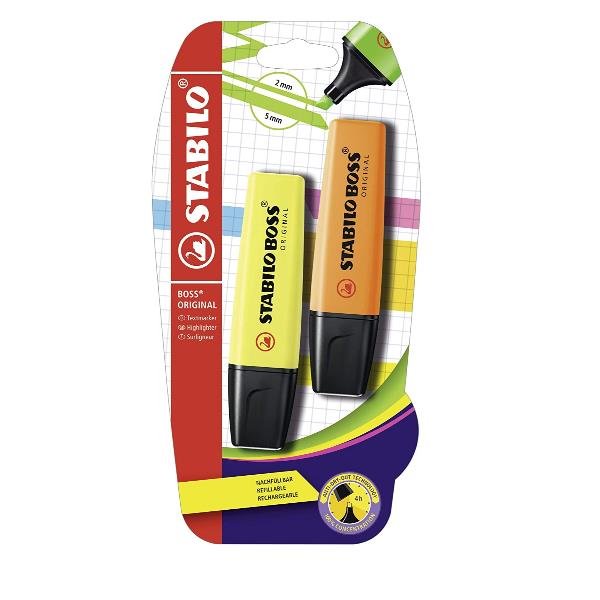 STABILO BOSS ORIGINAL - Evidenziatore - arancione fluorescente, giallo fluorescente - inchiostro base acqua - 2-5 mm (pacchetto di 2)