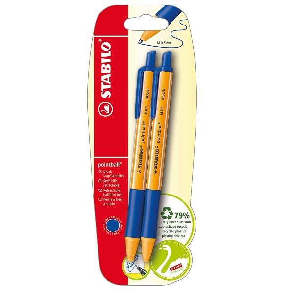 STABILO pointball - Penna a sfera - blu - 0.5 mm - medio - retrattile (pacchetto di 2)