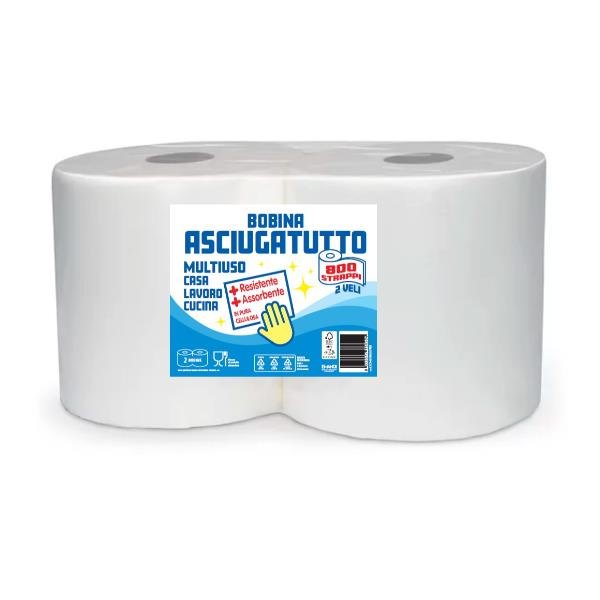 SCATOLIFICIO BOBINA ASCIUGATUTTO IN CELLULOSA 2 VELI ROTOLO A 800 STRAPPI BIANCO CONF 2 Pz.