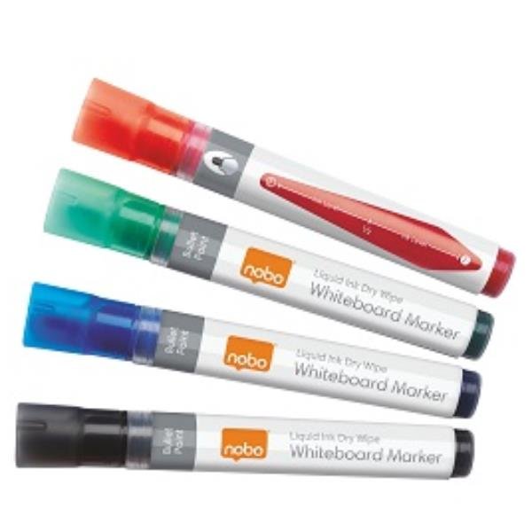 Nobo Liquid Ink - Marcatore - non permanente - per fogli per lavagna, lucidi, lavagna bianca - nero, rosso, blu, verde - inchiostro a base alcolica - 3 mm (pacchetto di 4)