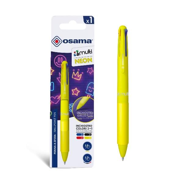 OSAMA 4MULTI NEON PENNA A SFERA A SCATTO 4 COLORI TRATTO 1/1.6 mm INCHIOSTRO COLORI ASSORTITI CONF 12 Pz. GIALLO