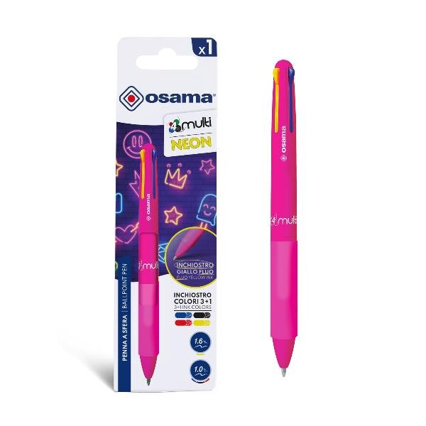 OSAMA 4MULTI NEON PENNA A SFERA A SCATTO 4 COLORI TRATTO 1/1.6 mm INCHIOSTRO COLORI ASSORTITI CONF 12 Pz. ROSA