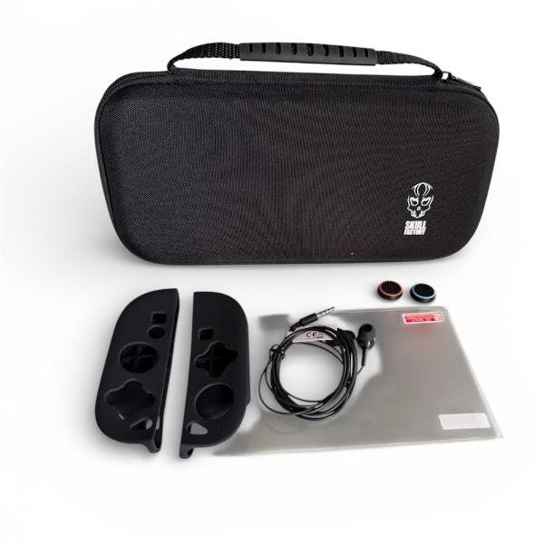SKULL FACTORY NINTENDO SWITCH 2 KIT PREMIUM DI PROTEZIONE 5 IN 1 CUSTODIA RIGIDA DA VIAGGIO CON ACCESSORI COMPLETI, PELLICOLA PROTETTIVA, CUFFIE E PROTEZIONI JOY CON NERO