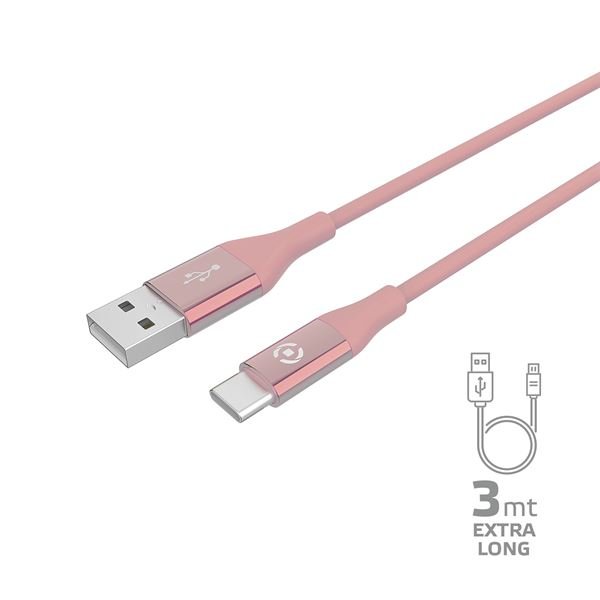 Celly USBTYPECCOL3M - Cavo USB - USB (M) a USB-C (M) - DC 5 V - 3 A - 3 m - USB Power Delivery (15W) - rosa