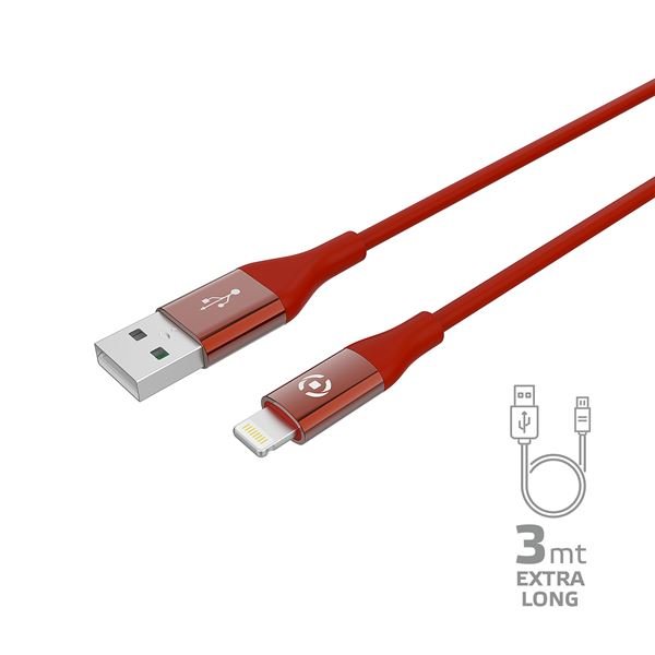 Celly USBLIGHTCOL3M - Cavo Lightning - USB maschio a Lightning maschio - 3 m - rosso - USB Power Delivery (12W) - per Apple iPad/iPhone/iPod (Lightning)