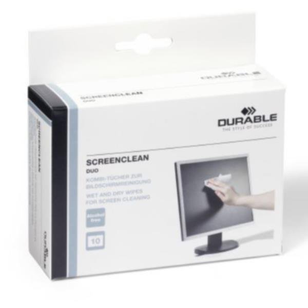 DURABLE SCREENCLEAN DUO 10 COPPIE DI SALVIETTINE MONOUSO PER LA PULIZIA E PER L'ASCIUGATURA ADATTE PER SCHERMI DELICATI E SMARTPHONE TASCABILI