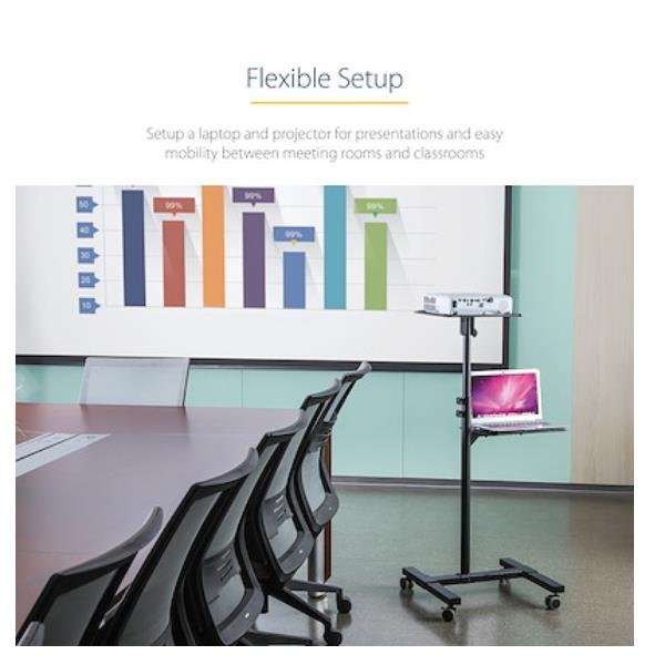 StarTech.com Supporto per proiettore e laptop - Carrello portatile per videoproiettore resistente (2 ripiani, capacità 10kg) - Supporto regolabile in altezza con ruote bloccabili (ADJPROJCART) - Carrello - per proiettore / notebook - acciaio - nero