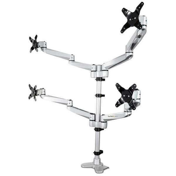 StarTech.com Supporto per 4 monitor - Completamente articolabile - Premium - Kit montaggio - braccio regolabile - per 4 monitor - Alluminio - argento - dimensione schermo: 13"-27" - montabile su desk - Compatibile TAA