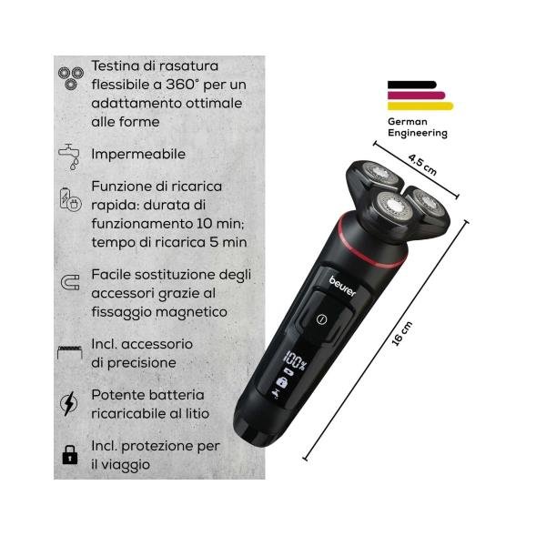BEURER MN8X RASOIO ELETTRICO RICARICABILE 3 TESTINE AD ATTACCO MAGNETICO FLESSIBILE IMPERMEABILE NERO