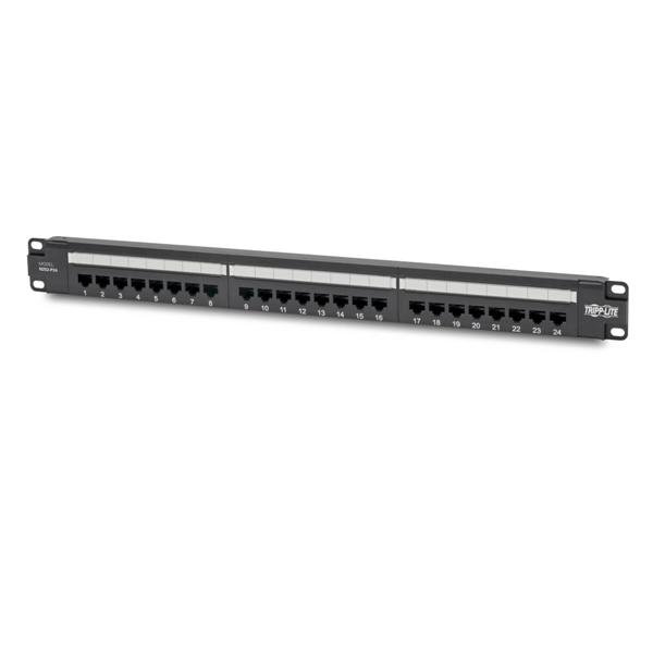 Tripp Lite Cat6 24-Port Patch Panel - PoE+ Compliant, 110/Krone, 568A/B, RJ45 Ethernet, 1U Rack-Mount, TAA - Pannello cablaggio - montaggio su rack - CAT 6 - RJ-45 X 24 - nero - 1U - 19" - Compatibile TAA
