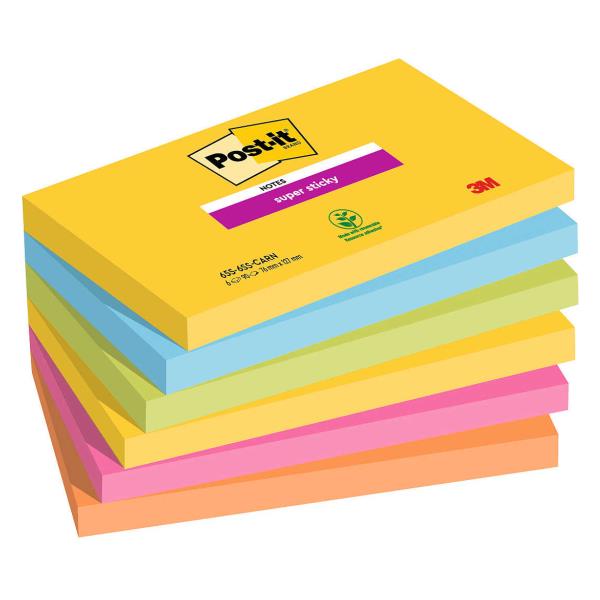 Blocco Post-it Super Sticky - 655-6SS-CARN - 76 x 127 mm - colori Carnival - 90 fogli - Post-it - conf. 6 pezzi