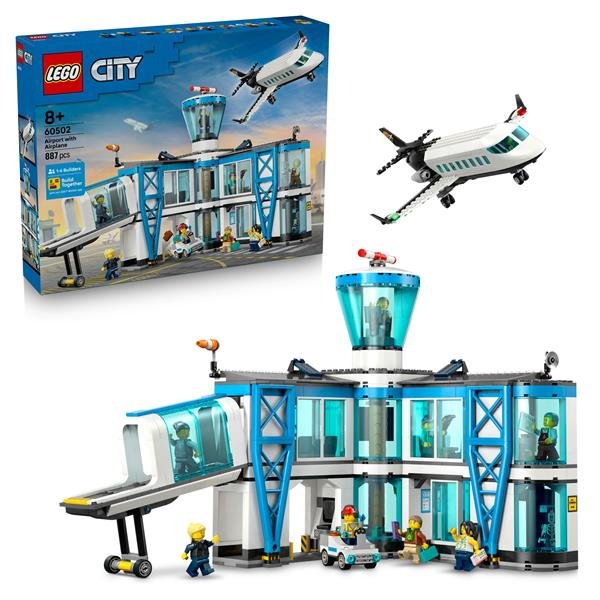 LEGO CITY AEROPORTO CON AEREO MODELLO IN MINIATURA CON TERMINAL RIMORCHIATORE PONTE E 9 MINIFIGURE