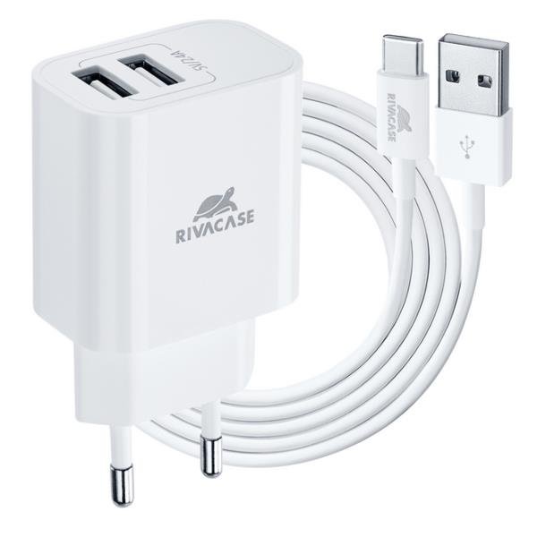 RIVACASE CARICABATTERIE DA RETE 12 W 2.4A - 2 x USB-A + CAVO DI RICARICA DA USB-A A USB-C 1 MT INCLUSO NELLA CONFEZIONE BIANCO