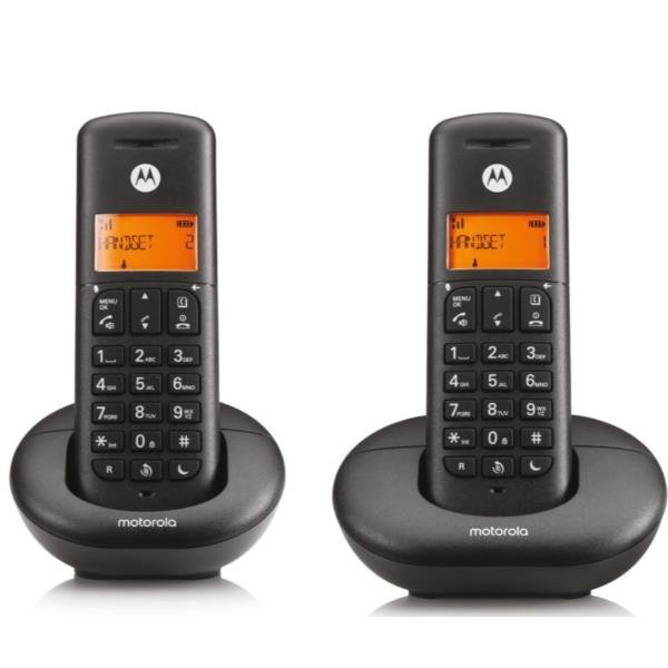 MOTOROLA E202 TELEFONO CORDLESS DECT DUO CON 2 PORTATILI VIVAVOCE TASTO NON DISTURBARE BLOCCO CHIAMATE NERO