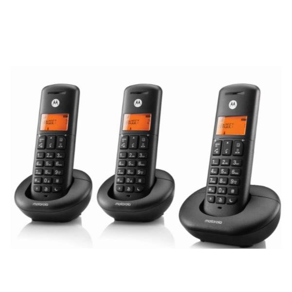 MOTOROLA E203 TELEFONO CORDLESS DECT TRIO CON 3 PORTATILI VIVAVOCE TASTO NON DISTURBARE BLOCCO CHIAMATE NERO