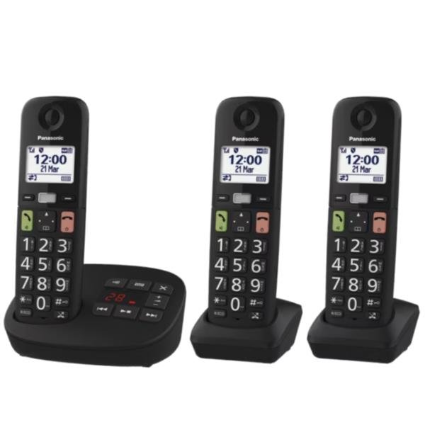 PANASONIC KX-TGU133EXB TELEFONO CORDLESS CON SEGRETERIA TASTI GRANDI UNITA' BASE 3 RICEVITORI GRANDE DISPLAY LCD COMPATIBILE CON APPARECCHI ACUSTICI NERO