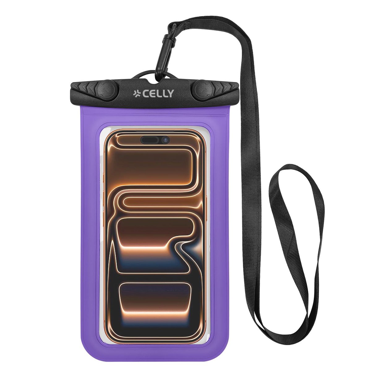 CELLY SPLASHBAG CUSTODIA IMPERMEABILE PER SMARTPHONE FINO A 7" TRASPARENTE CHIUSURA ERMETICA IPX8 LACCIO A COLLO INCLUSO NERO VIOLA