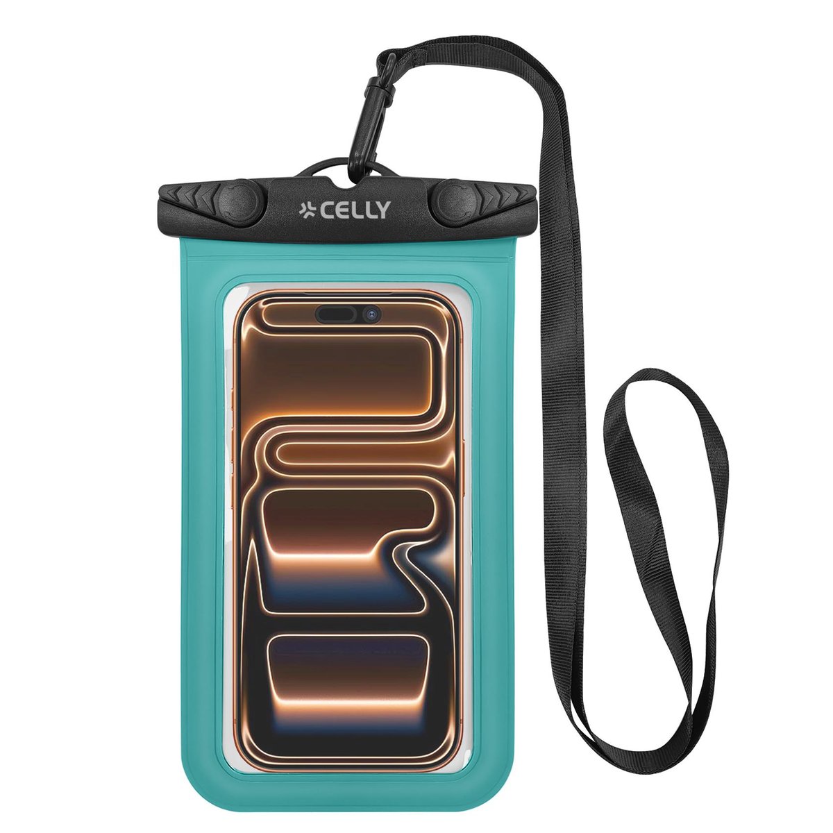 CELLY SPLASHBAG CUSTODIA IMPERMEABILE PER SMARTPHONE FINO A 7" TRASPARENTE CHIUSURA ERMETICA IPX8 LACCIO A COLLO INCLUSO NERO VERDE ACQUA