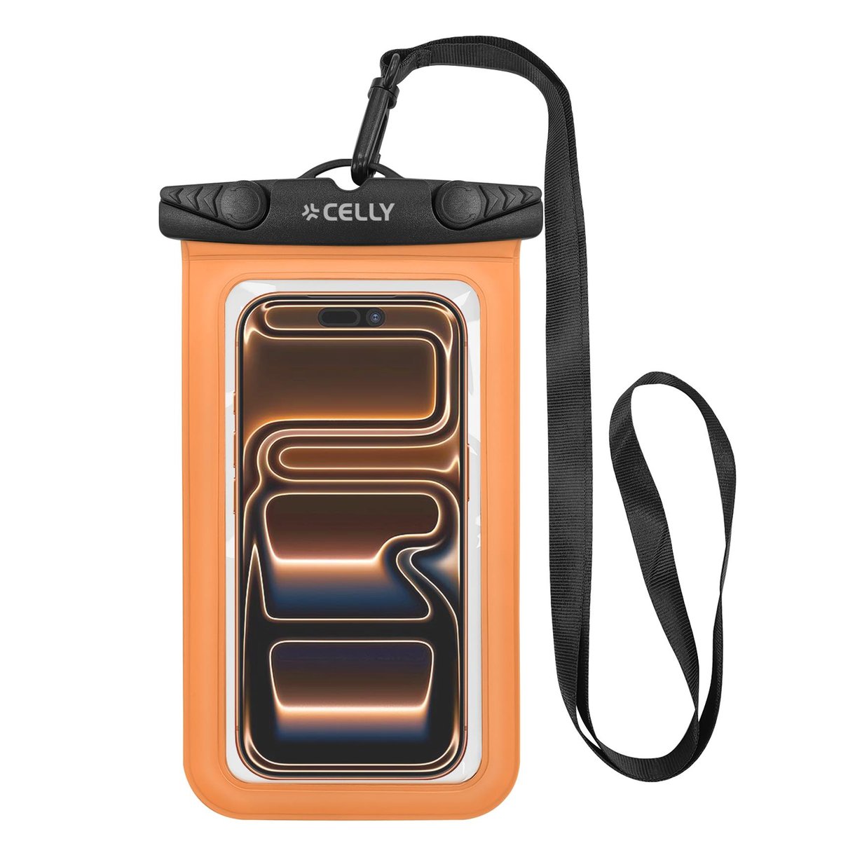 CELLY SPLASHBAG CUSTODIA IMPERMEABILE PER SMARTPHONE FINO A 7" TRASPARENTE CHIUSURA ERMETICA IPX8 LACCIO A COLLO INCLUSO NERO ARANCIONE