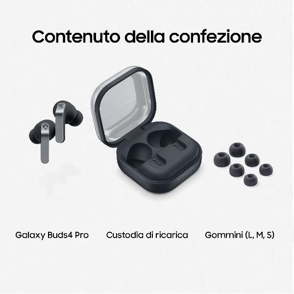 SAMSUNG R640 GALAXY BUDS4 PRO AURICOLARI BLUETOOTH 6.1 TWS CORPO IN METALLO ALTOPARLANTE A 2 VIE E DOPPIO AMPLIFICATORE AUDIO 360 GRADI ANC COMANDI VOCALI NERO