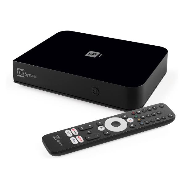 TELESYSTEM UP1 SMART BOX DECODER DIGITALE TERRESTRE ANDROID TV 4K ULTRA HD DVB-T2 HEVC, HDR10+ HLG, AV1 CERTIFICATO NETFLIX, PRIME VIDEO, DISNEY+, CHROMECAST BUILT-IN HDMI/SCART